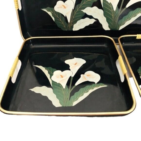 3 Vintage Japanese Black Lacquer Nesting Trays with Lily Detail & Gold Trim - - Picture 8 of 12